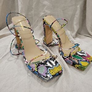 Lemonade "Gemini"  snakeskin print wrap sandals lace-up platform heels sz 10